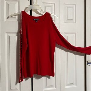 INC red open shoulder rhinestone festive top shirt blouse size PXL
